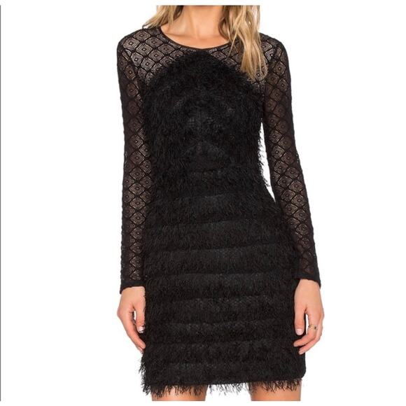BCBGMaxAzria Black Velma Long-Sleeve Fringe Dress LBD Little Black Dress Size M - Picture 1 of 15